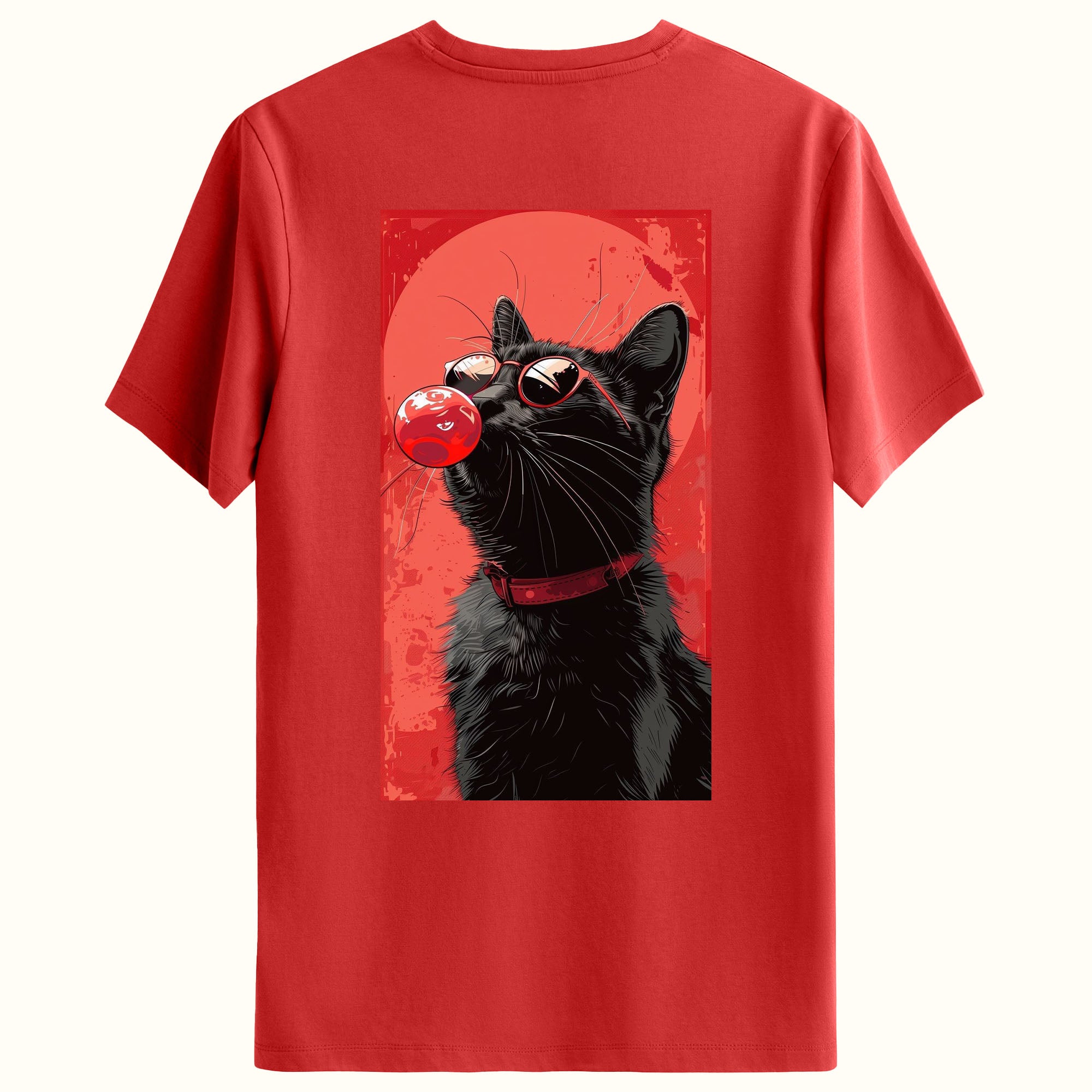 Kırmızı Kedi Tasarımlı Sırt Baskılı Regular T-Shirt