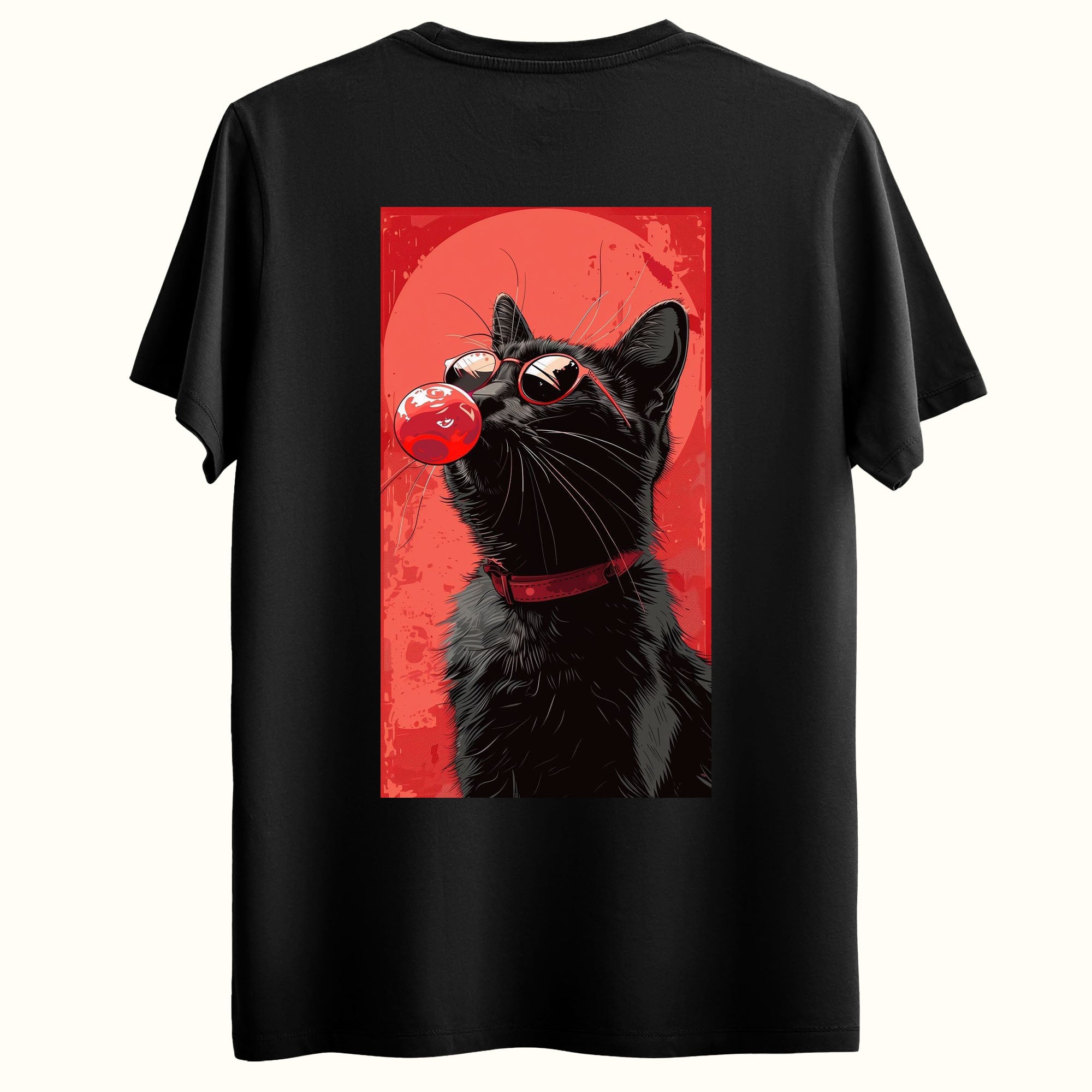 Kırmızı Kedi Tasarımlı Sırt Baskılı Regular T-Shirt