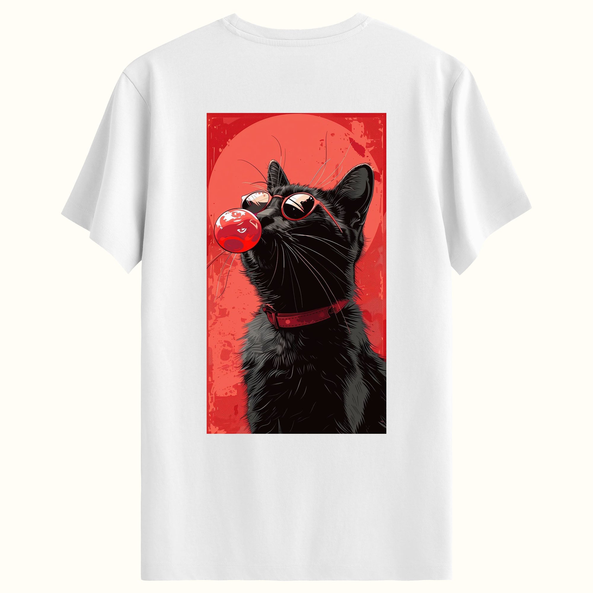 Kırmızı Kedi Tasarımlı Sırt Baskılı Regular T-Shirt